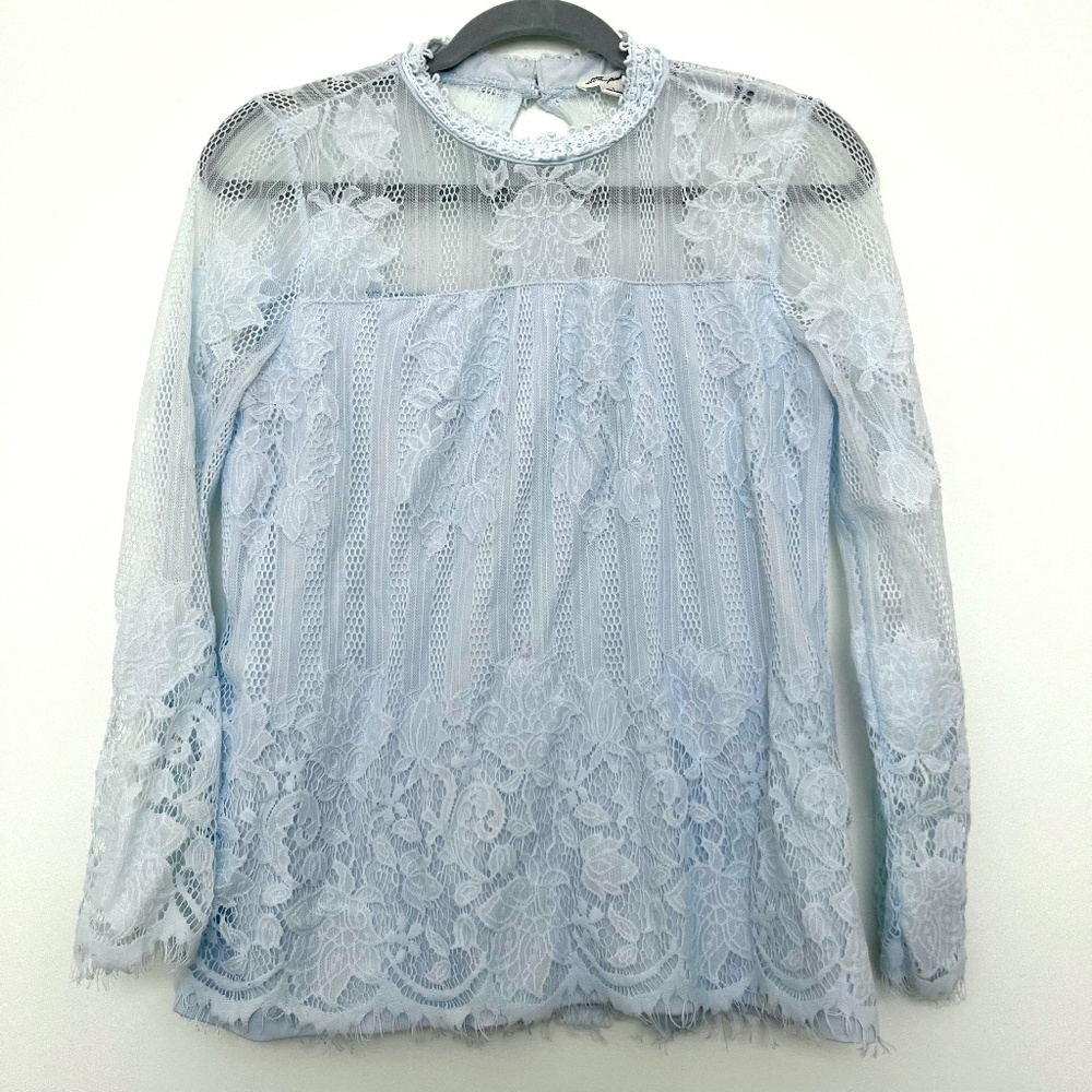 Light blue lace blouse three-quarter sleeves babydoll style size S